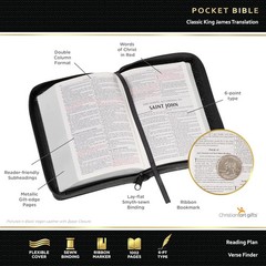 KJV Holy Bible,Mini Pocket Bible–Zippered Black Faux Leather Bible w/Ribbon Ma..