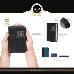 KJV Holy Bible,Mini Pocket Bible–Zippered Black Faux Leather Bible w/Ribbon Ma..