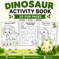 DIGITAL CONTENT- 2025 Merrick Dinosaur 20 Page Activity Book – PRINTABLE