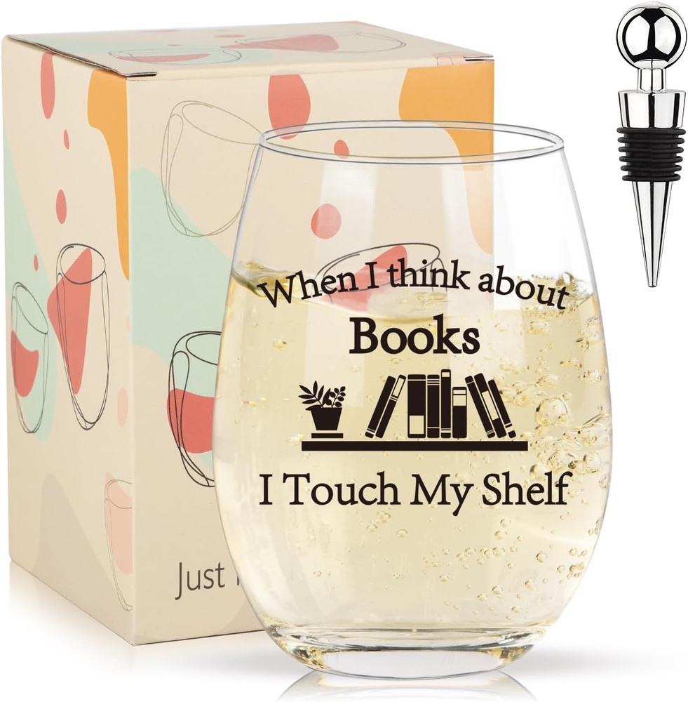 Book Lovers Gifts for Women, When I Think about Books I Touch My Shelf 16Oz Stem