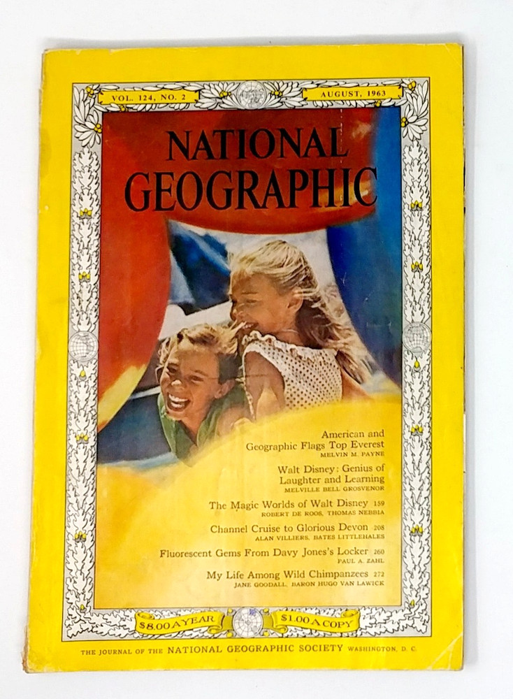 National Geographic August 1963 First Jane Goodall Issue Magic Walt Disney & Map