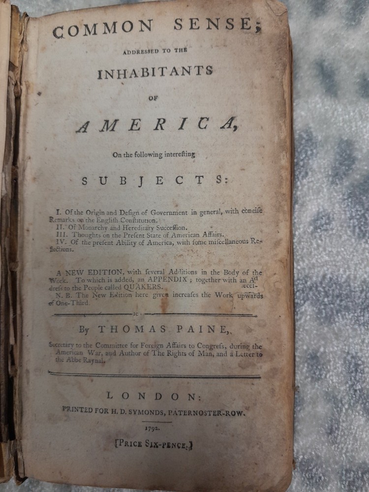 Thomas Paine 1792 first edition bound in calf, Common Sense, Rights of Man, +