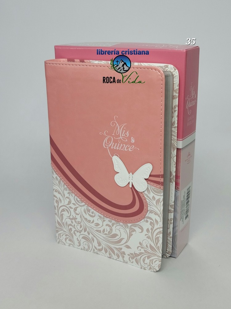 Biblia Reina-Valera 1960 Mis Quince, Rosa y Blanco Símil Piel