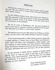 LAYNE LAIN LANE GENEALOGY by Floyd Benjamin Layne 1962 first edition 336 pages