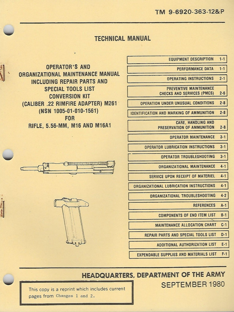 Historical book, Conversion Kit, .22 cal M261 for M16, M16A1, Maint/Repair Parts
