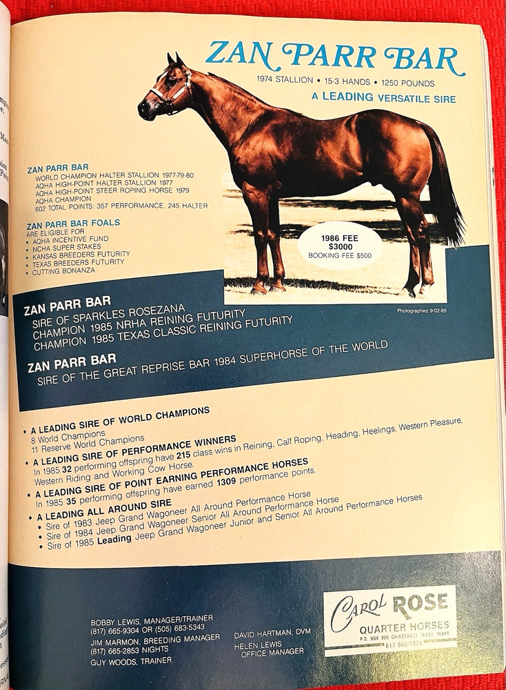 SALE ENDS 6/15! 1986 QUARTER HORSE JOURNAL Book – DYNAMIC DELUXE, ZAN PARR BAR