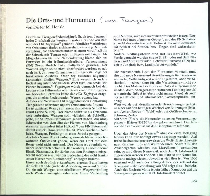 Die Orts- und Flurnamen von Tiengen; Sonderdruck aus: keine Angabe. Hensle, Diet