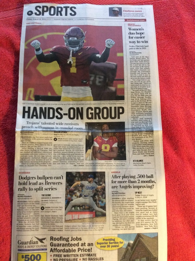 DAILY BREEZE SPORTS SECTION AUGUST 16 2024 DODGERS ALEX VESIA USC ZACHARIAH