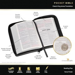 KJV Holy Bible,Mini Pocket Bible–Zippered Black Faux Leather Bible w/Ribbon Ma..