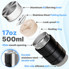 Stainless Steel Thermo for Hot Food 17OZ with Folding Spoon, Vacuum Insulated Fo